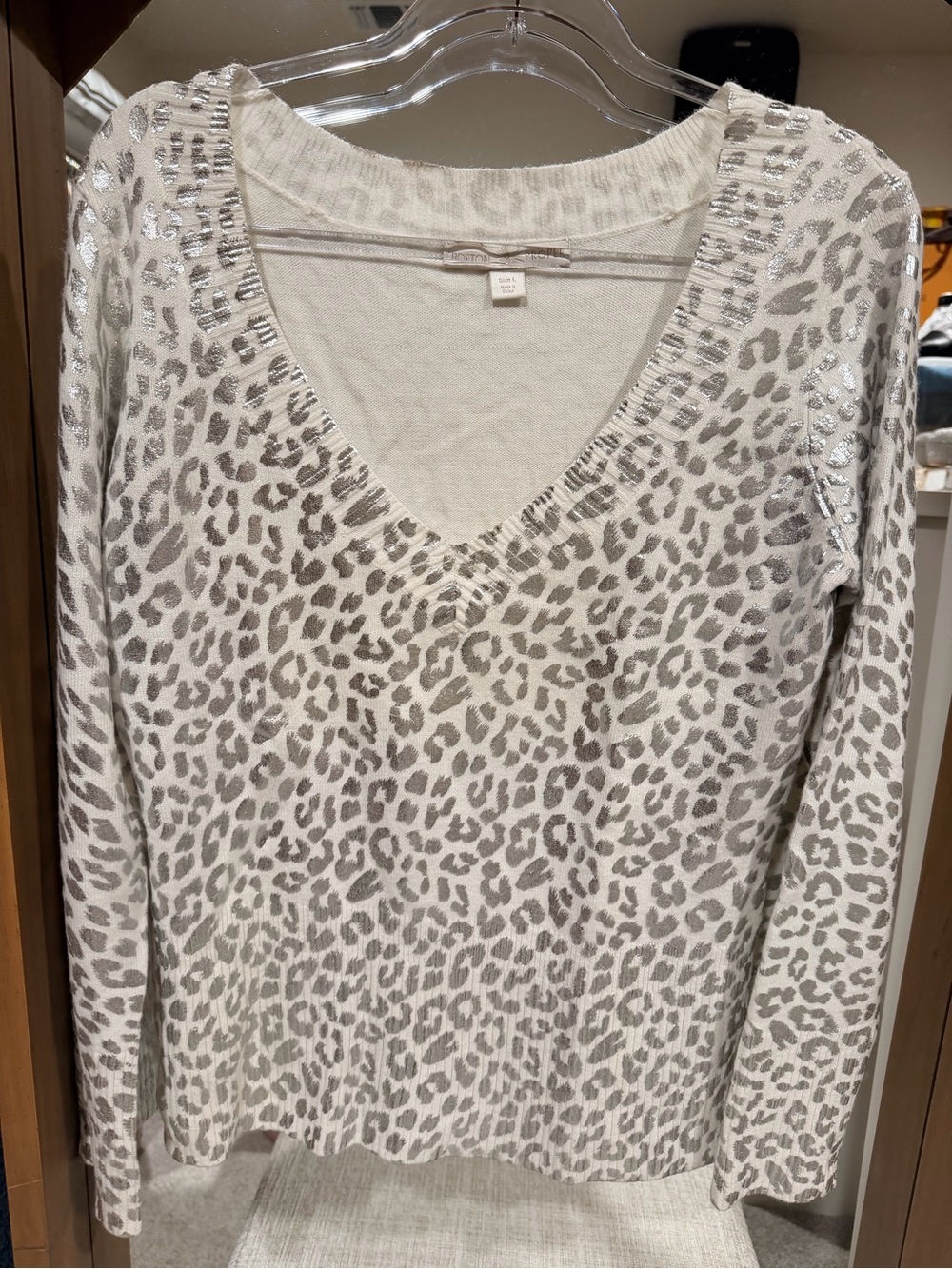 Boston Proper Silver Foil Leopard V-Neck Sweater
